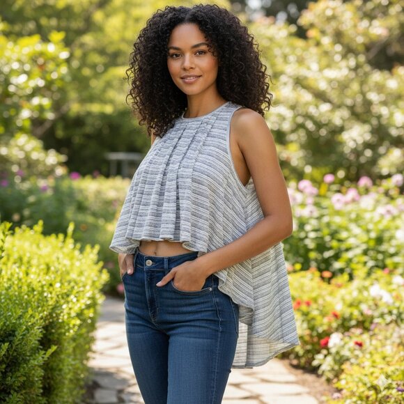Free People Tops - NWOT Free People Ivory Navy High-Low Tie Tank XS